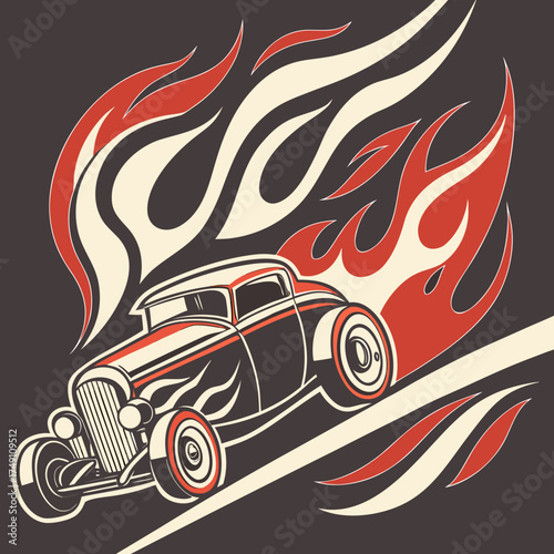 Hot rod car with flames and red accents on a dark gray background
