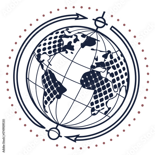 Globe with meridian and parallel lines, surrounded by arrows