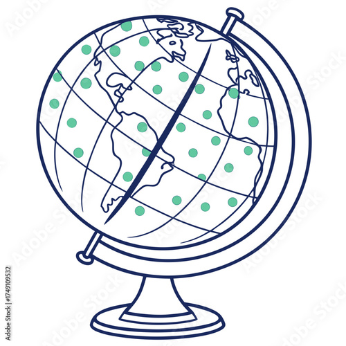 Globe with continents and green dots
