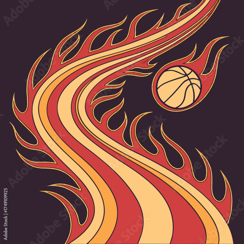 Basketball on fire with a retro style, a fiery and dynamic illustration
