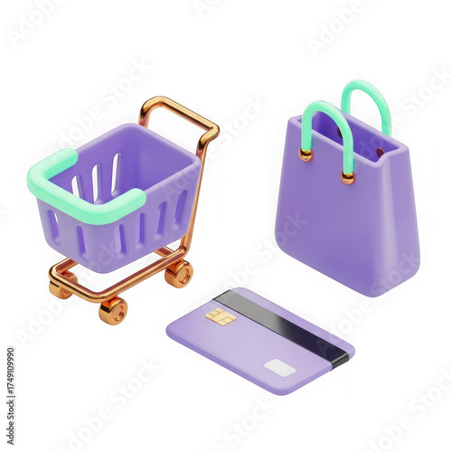 3d icon of online shopping concept with shopping cart, bag and credit card isolated on transparent background