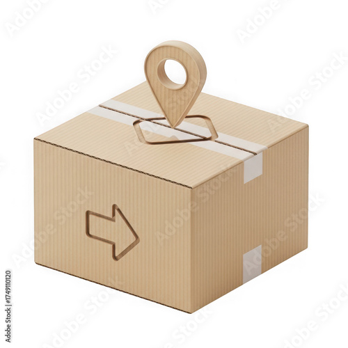 Cardboard delivery box with a location pin icon on top, isolated on transparent background
