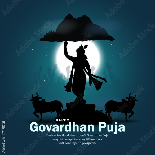 Happy Govardhan Puja Greeting with Lord Krishna Lifting Govardhan Hill Silhouette