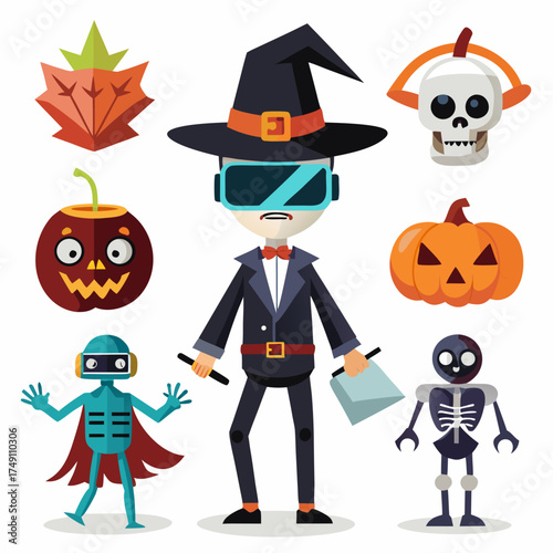 Halloween characters and symbols flat design silhouette isolated on white background
