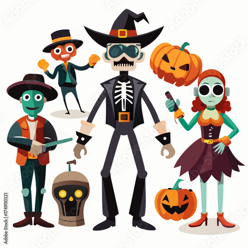 Collection of halloween characters and pumpkins isolated on white background silhouette