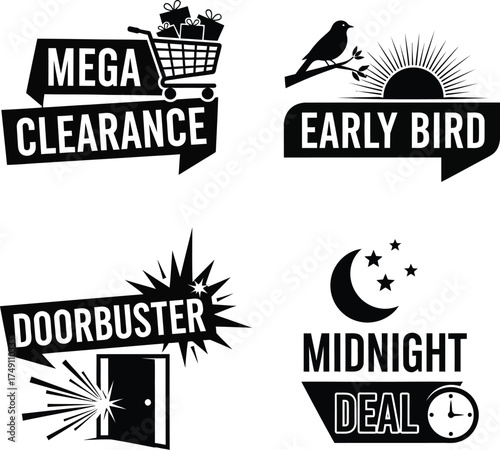 Vector art of mega clearance, early bird and doorbuster deals