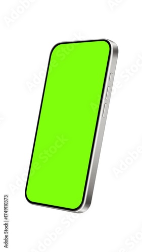 Silver smartphone with green chroma key screen in side perspective. Vertical animation with smooth appearance, perfect for app design, UI UX, digital marketing, stories, reels and branding