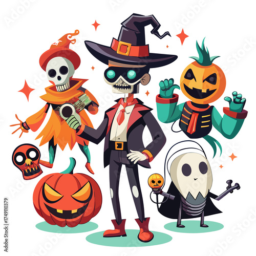 Group of halloween characters with pumpkins and skulls isolated on white background silhouette