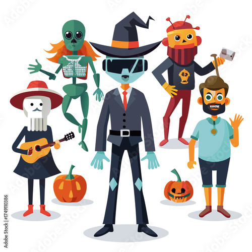 Group of halloween characters playing music and celebrating isolated on white background silhouette