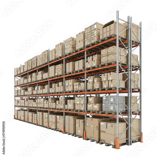 Warehouse shelving system isolated on transparent background with cardboard boxes