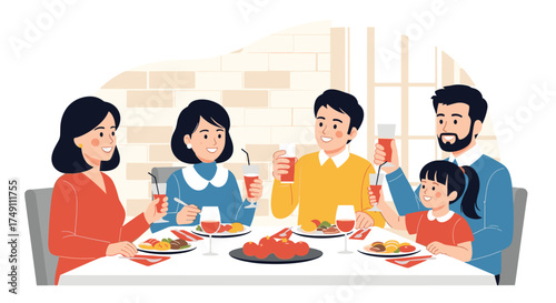 A happy family enjoys a celebratory meal together at a dining table.