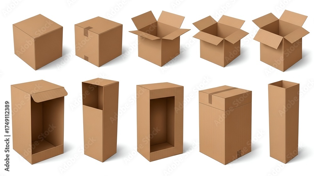 Fototapeta premium Variety of Brown Cardboard Boxes on White Background