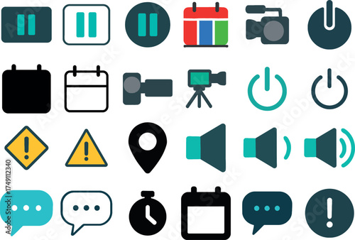 Collection of essential interface vector icons for website design and app development showcasing communication tools settings and media controls