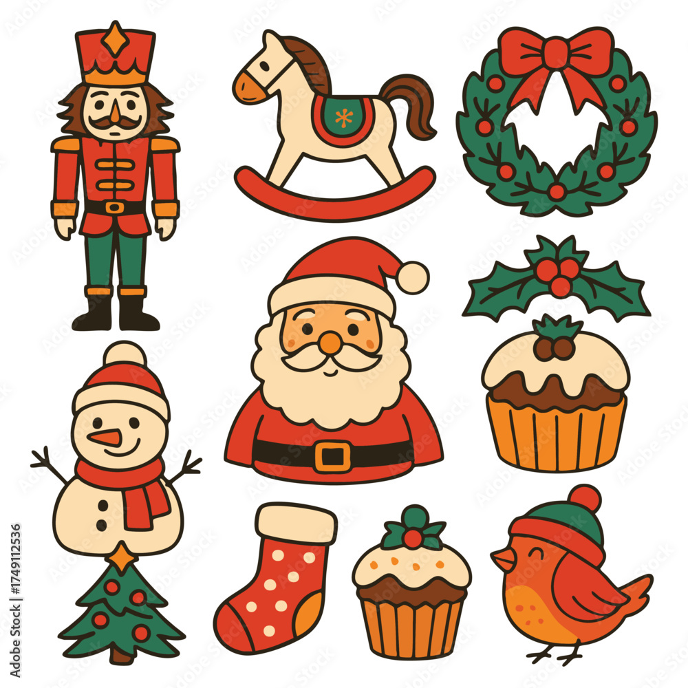 Fototapeta premium Isolated layered Christmas icons separated with festive elements including Santa, snowman