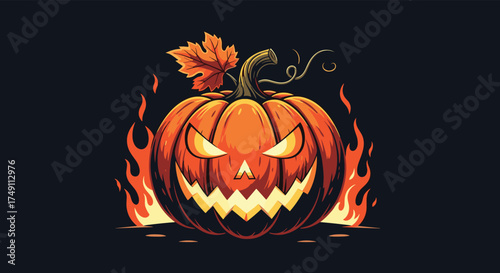 A pixel art illustration of a fiery jack o lantern with an evil grin on a dark background.