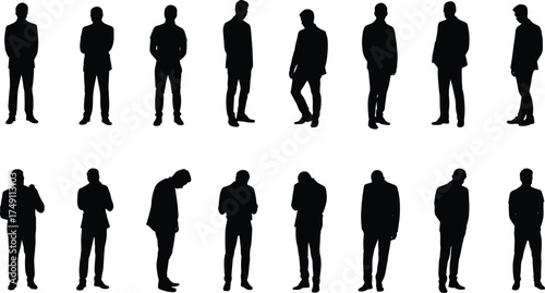 Silhouette of businessmen standing in various poses, professional male figures in formal attire isolated on white background,