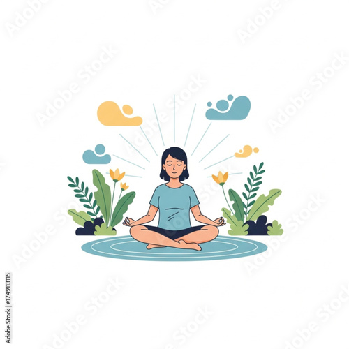 A person meditating in a lotus position, surrounded by plants and clouds, radiating peace and tranquility.
