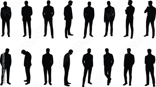 Silhouette of businessmen standing in various poses, professional male figures in formal attire isolated on white background,
