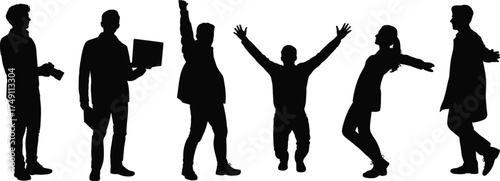 Silhouettes of diverse people standing, posing, celebrating, with various expressions, holding gadgets,