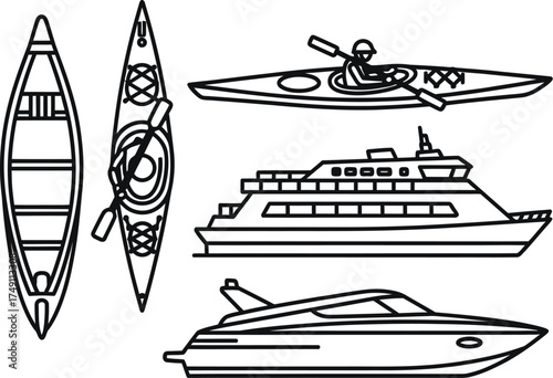 Vector art of boats and kayaks in vector style
