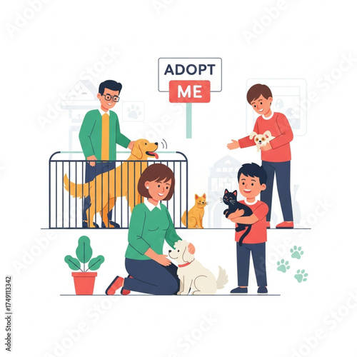 Family adopting pets from an animal shelter, showing love and care for animals.