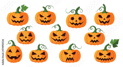 Collection of spooky jack o lantern pumpkins for halloween celebrations.