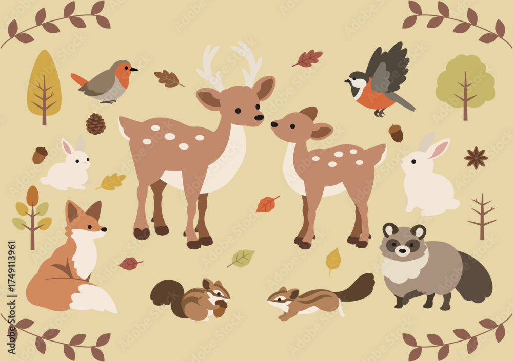 Obraz premium 秋の森の動物達のかわいいイラスト素材セット