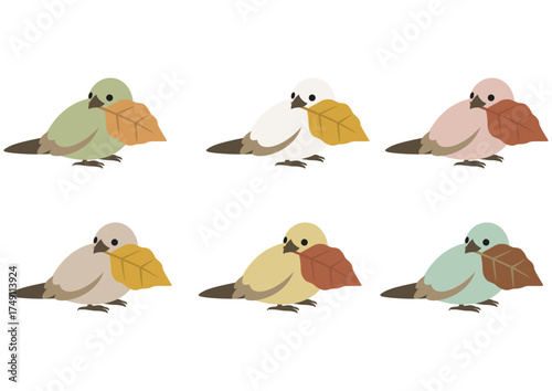 秋色の葉っぱをくわえたかわいい小鳥のベクターイラスト素材セット