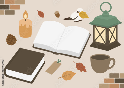 読書の秋をイメージしたかわいい雑貨のベクターイラスト素材セット