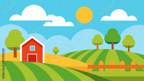 farm fields barns fences sunny sky rural landscape