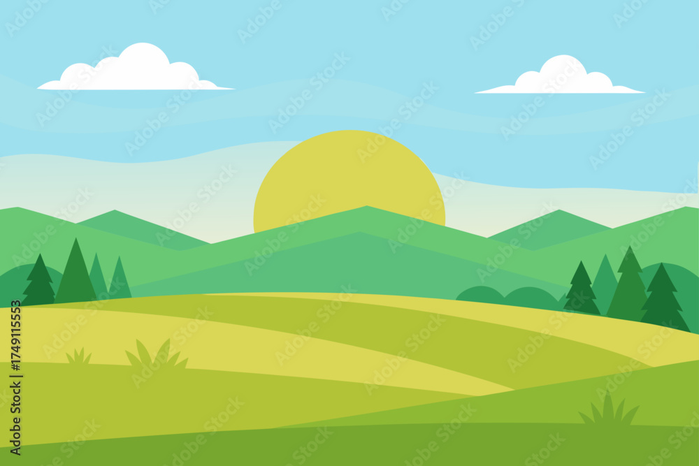 Obraz premium peaceful landscape of grass field and distant hills