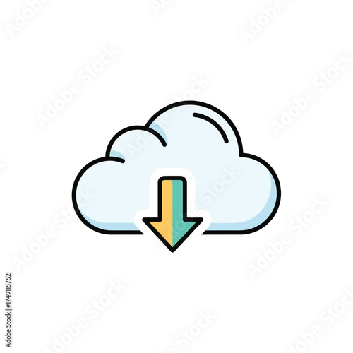Cloud download icon with a downward arrow representing data transfer and online storage. Vector illustration for digital file saving and cloud computing concepts