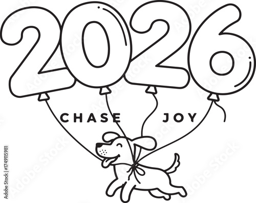 2026 Dog Balloons Chase Joy Outline Coloring Page Vector Design