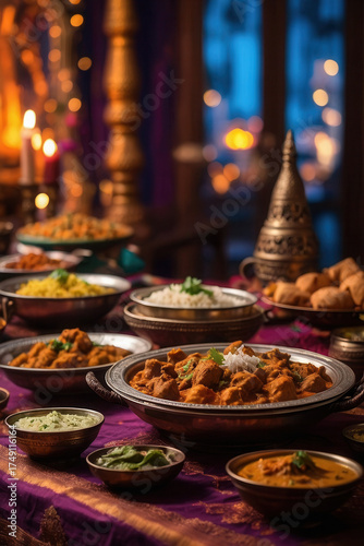 Diwali traditional Indian food dishes curries, rice, and sweets, decorative background AI Generative