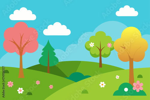 vector spring landscape trees flowers