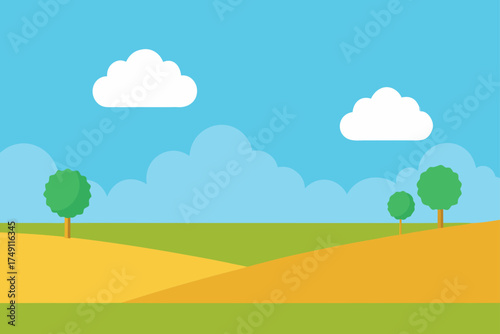 wide open field small trees fluffy clouds