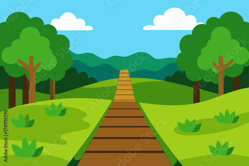 wooden walkway green forest meadow
