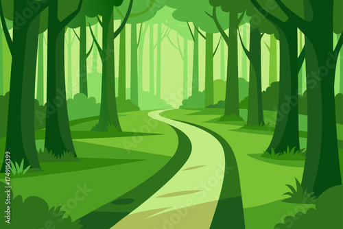 winding path dense green forest sunlight