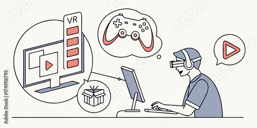 Immersive gaming experience with VR headset, modern digital entertainment