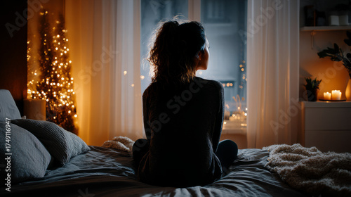 A person alone bed Christmas Eve, staring ceiling, unable sleep due to feelings of loneliness. Loneliness during Christmas holidays with copy space, holiday contrast, aging, and emotional storytelling