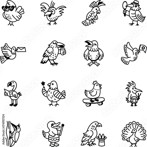 Set of Birds and Nature Doodle Style Icons 