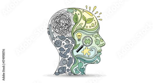 Conceptual illustration of human mind showing thoughts, clarity, and mental health