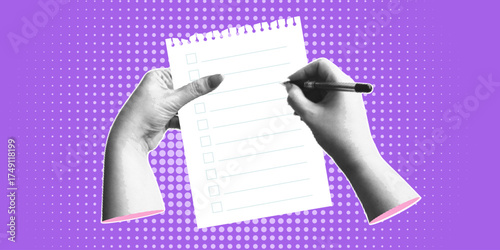 Trendy halftone banner with hands holding pen and empty sheet of paper. To do or checklist. Modern retro style.Contemporary collage for design template. Vector illustration