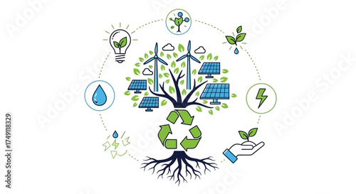 Visual representation of a sustainable future, illustrating the crucial link between green energy, renewable resources, and comprehensive environmental protection