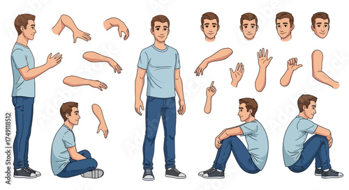 Versatile Cartoon Male Character Poses and Expressions Kit for Custom Animation, Illustration, and Graphic Design Projects