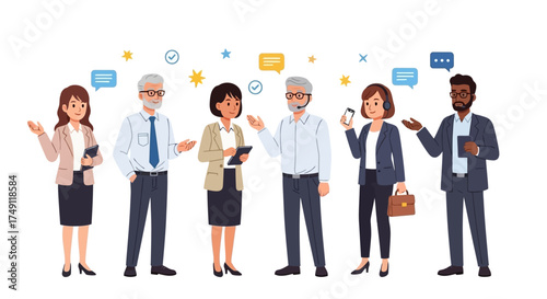 Diverse Business Team Discussing Ideas with Speech Bubbles