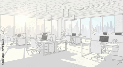 Bright and Modern Open-Plan Office Interior Sketch with City Skyline View, Representing a Professional and Collaborative Workspace Design Illustration