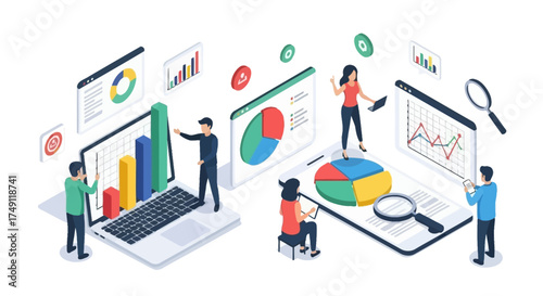 Dynamic business data analysis and market research. Professionals utilize digital tools to interpret financial reports, visualize trends, and optimize strategies