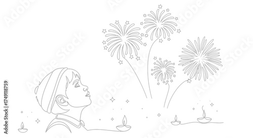 A young child with short hair gazes up in wonder at a dazzling display of fireworks illuminating the night sky