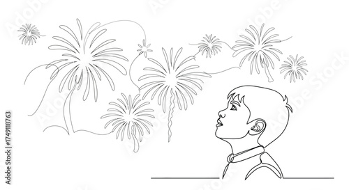 Young child with glasses looking up in awe at a vibrant display of fireworks exploding in the night sky